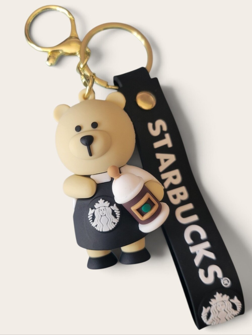 Starbucks Beige Bear Keychain with Black Strap and Gold Hardware